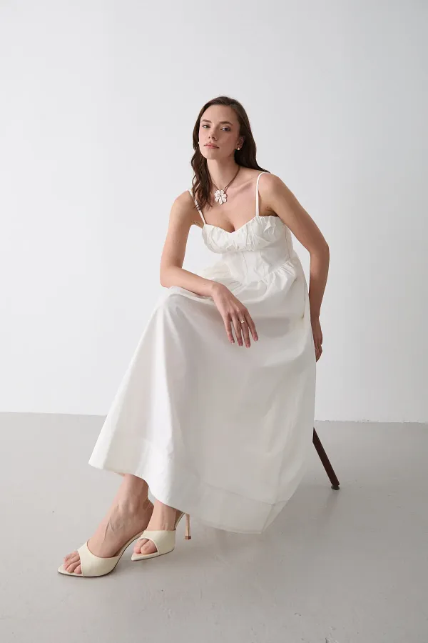 Beyaz Bel Detaylı Poplin Elbise - 2001