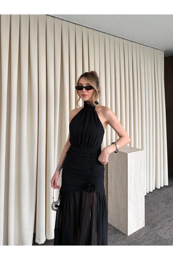 Siyah Gül Detaylı Şifon Elbise - 2485