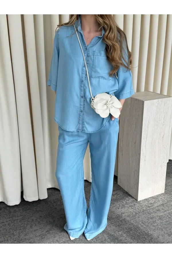 Light Blue Tencel Fabric Shirt and Pants Set - 0926