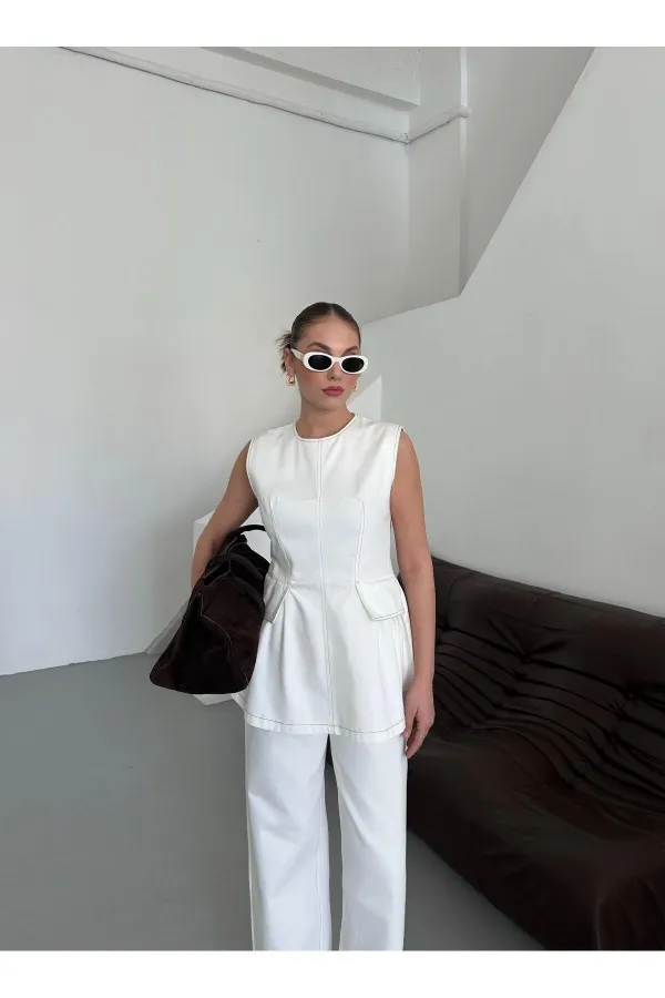 Beyaz Leandra Tasarım Bluz Pantolon Takım