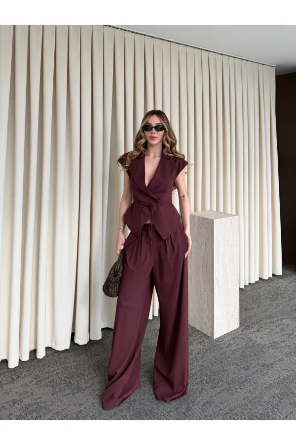 Bordo Margot Yelek Pantolon Takım - 308