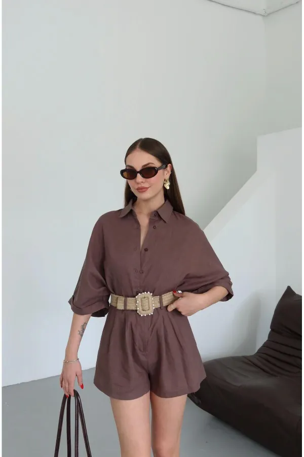 Kahverengi Hasır Kemerli Gömlek Şort Takım