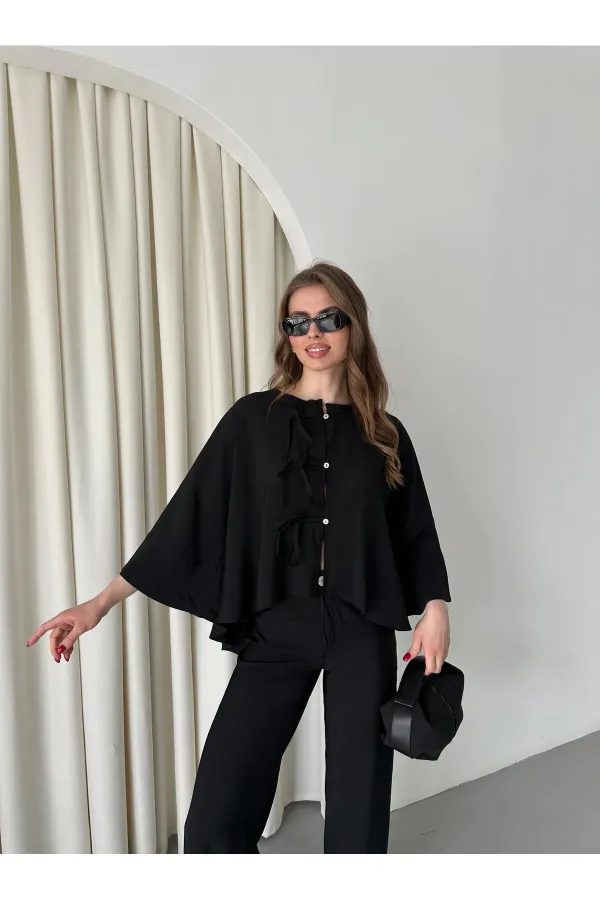 Ensemble chemisier et pantalon noirs avec détails de surpiqûres au col - 9002