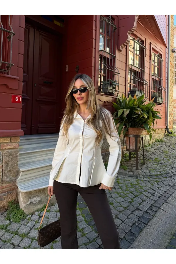 Ekru Belden Oturtmalı Poplin Gömlek - 1616