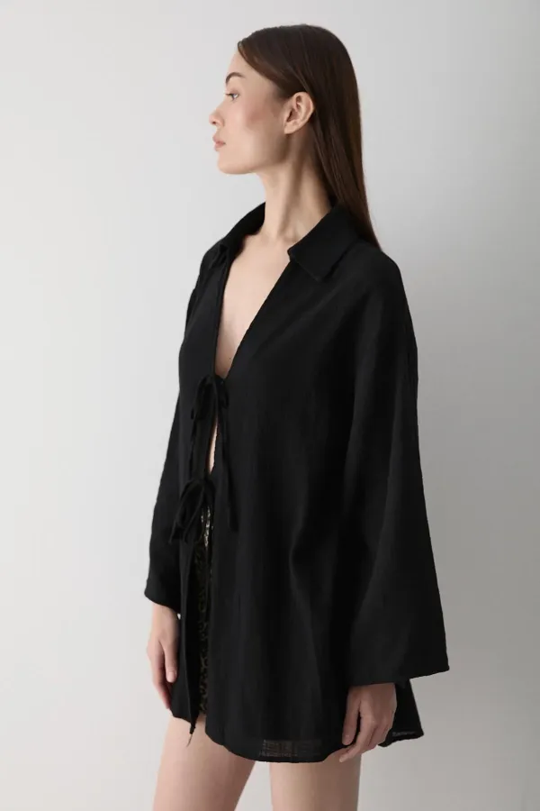Black 100% Cotton Linen Kimono Blouse with Lace Detail