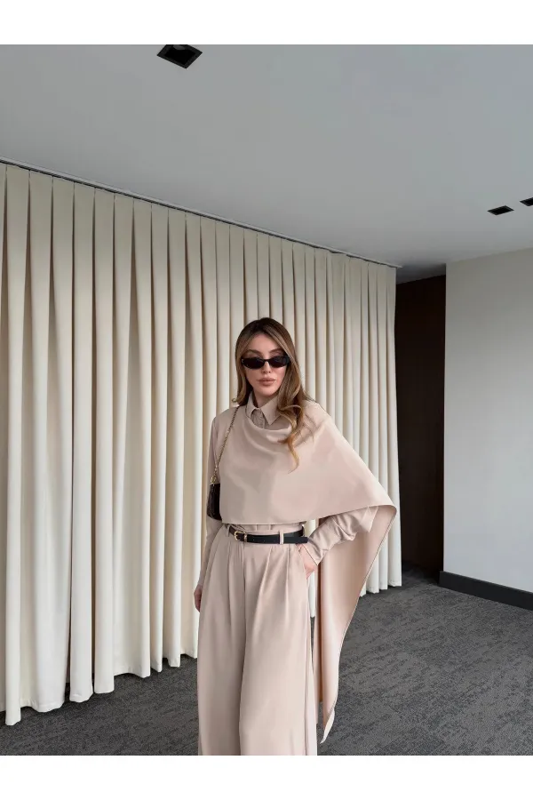 Bej Kemerli Şal Yaka Gömlek Pantolon Takım - 8004