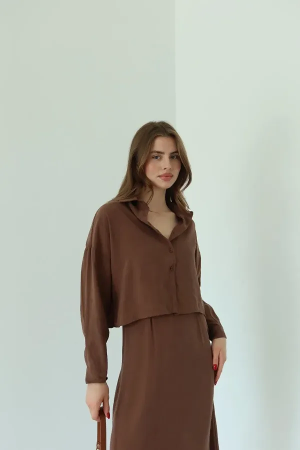 Kahverengi Modal Gömlek Elbise Takım