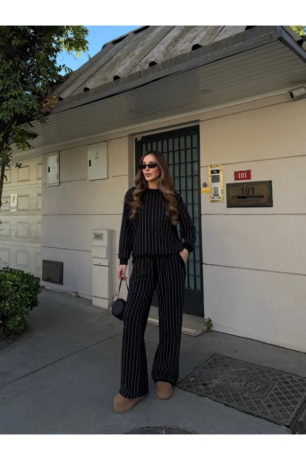 Siyah Taşlı Bluz Pantolon Takım - 0766