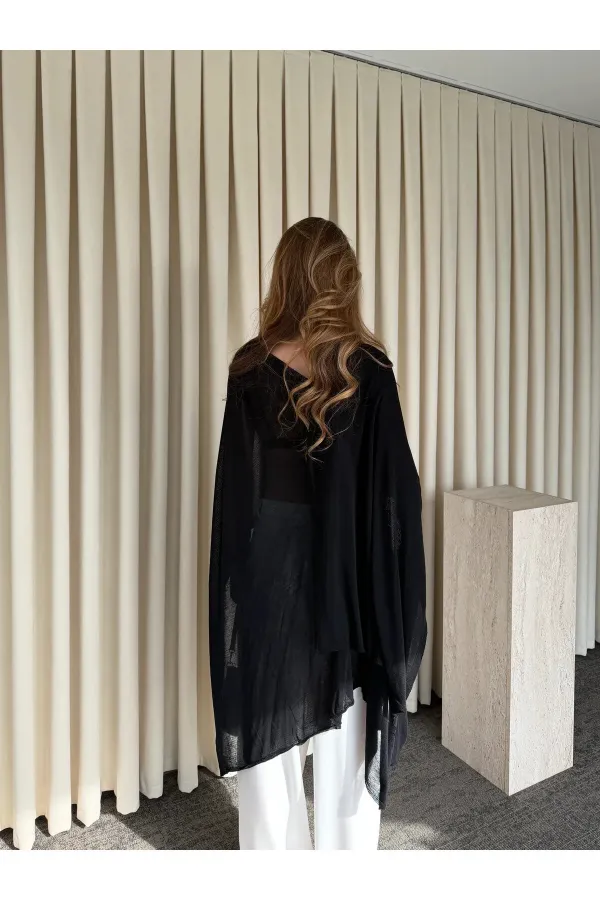 Siyah Muadil Tasarım Triko Pelerin Şal - 5241