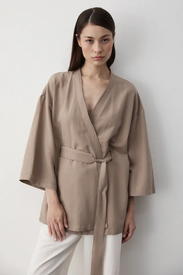 Sütlü Kahve Iç Kemerli Fakir Kol Kimono - 5383