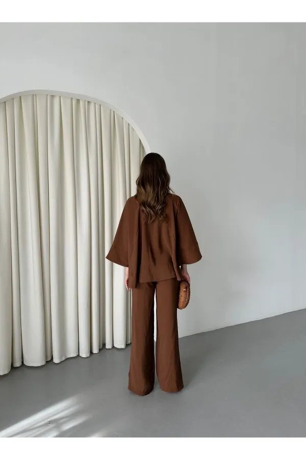 Ensemble chemisier et pantalon marron avec détails de surpiqûres au col - 9002