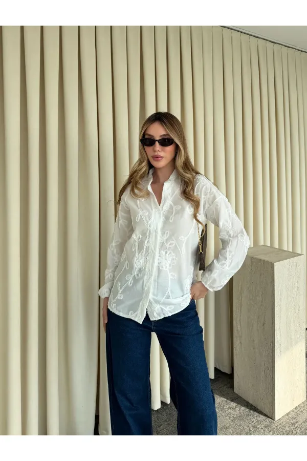 Ekru Kolu Lastikli Nakışlı Gömlek - 4231