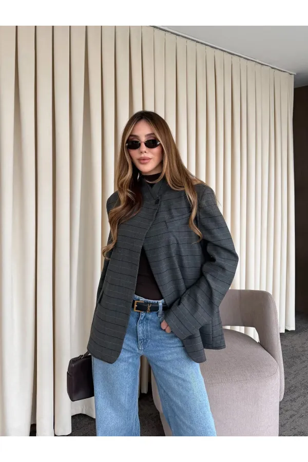 Veste à carreaux anthracite à col mandarin - 4103