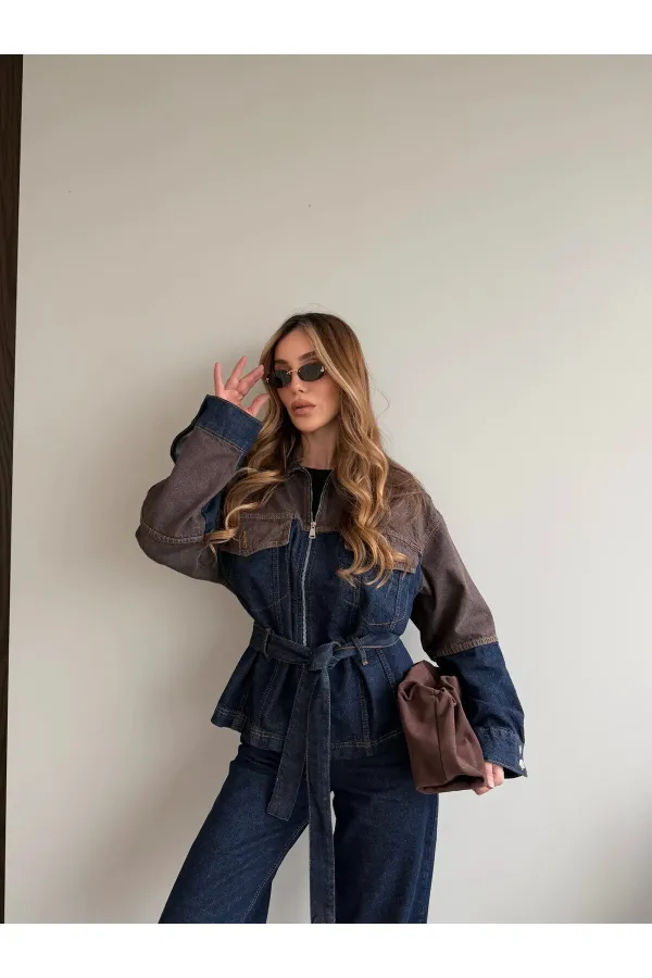 Lacivert - Kahve Bağlamalı Ceket Pantolon Denim Takım - 0836