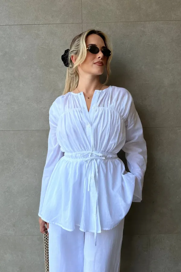 Beyaz Bel Detaylı Vual Keten Gömlek