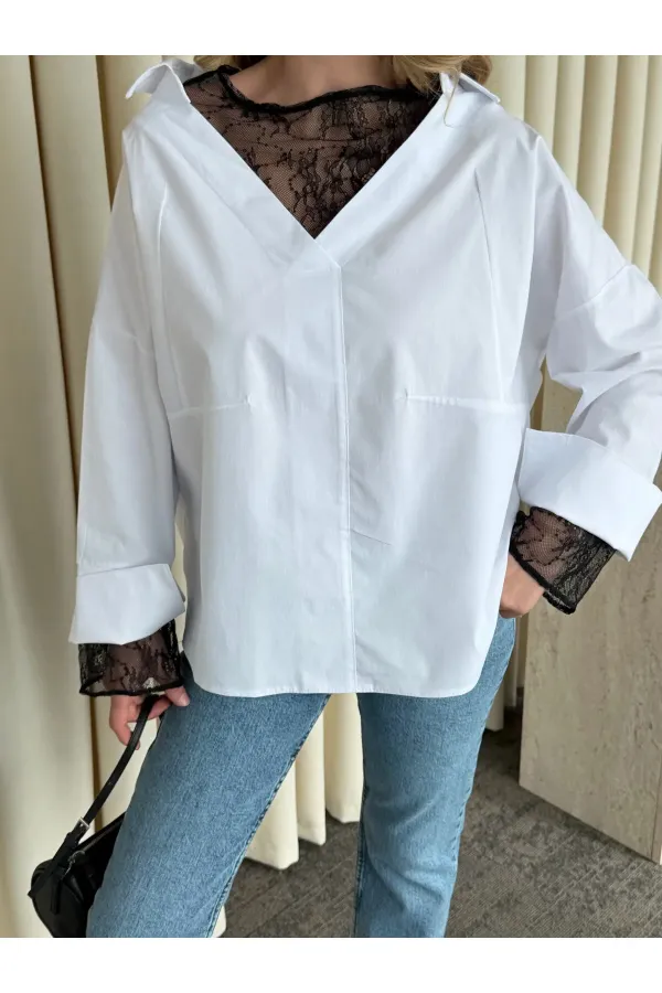 Beyaz İçi Dantelli Gömlek - 0826