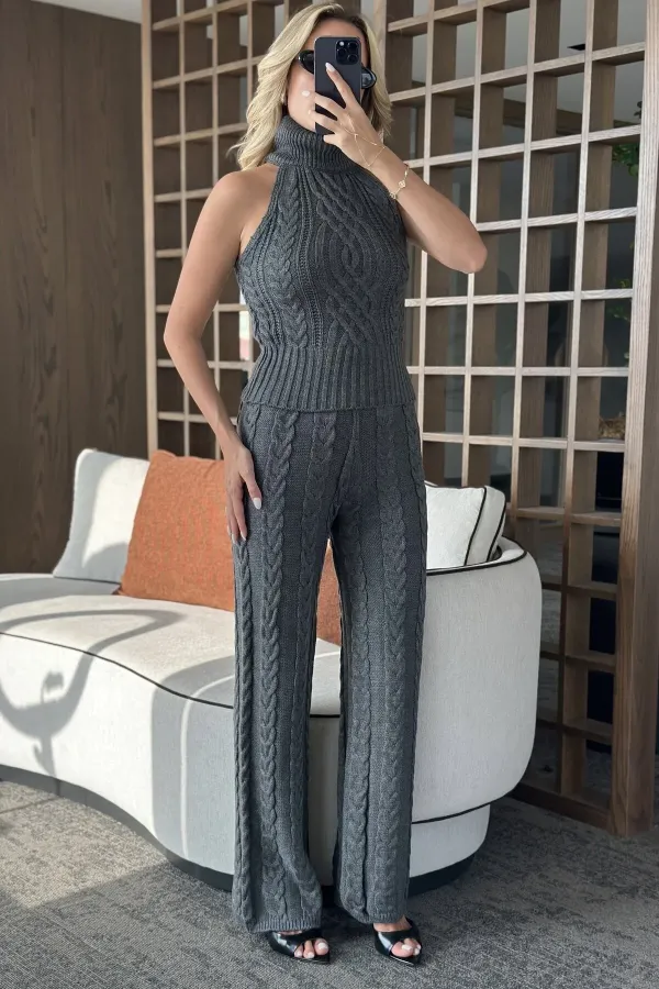 Ensemble chemisier sans manches et pantalon anthracite - 3009