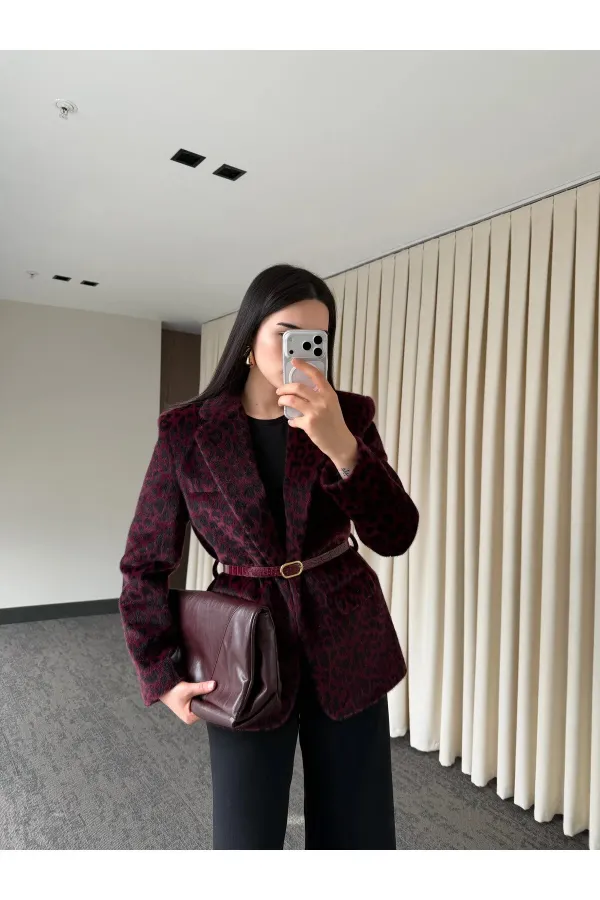 Bordo Leopar Kemerli Ceket - 9614
