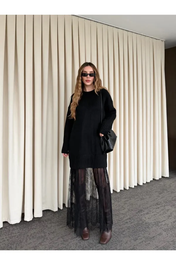 Siyah Tül Detaylı Uzun Triko Elbise - 251009