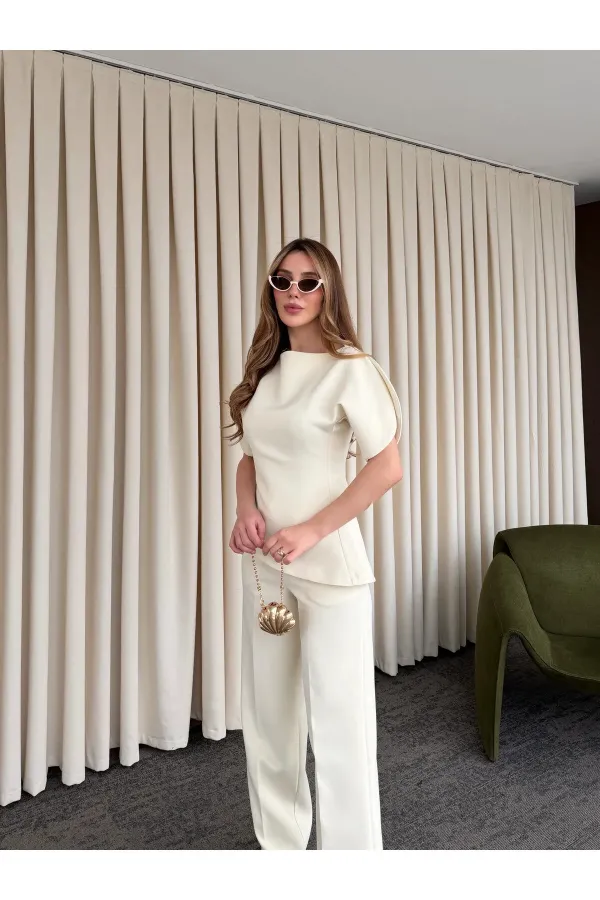 Ensemble chemisier et pantalon asymétrique blanc cassé à manches ballon - 25194