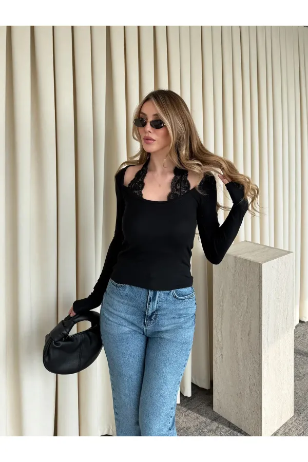 Black Blouse with Lace Neckline - 261017