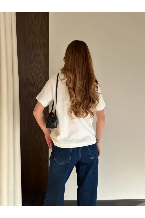 Açık Ekru Kısa Kollu Düz Tshirt - 241128