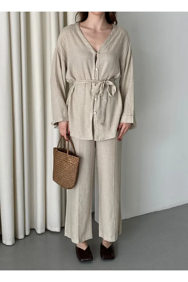 %100 Pamuk Kemerli Gömlek Pantolon Takım - 034