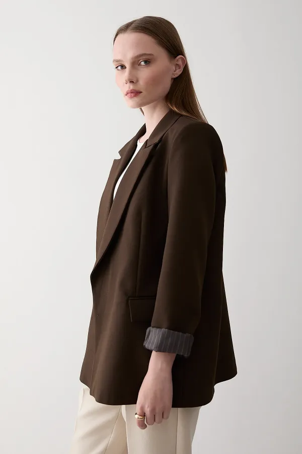 Brown Striped Lined Blazer Jacket with Fold-Up Sleeves - 7560 Brown Striped Lined Blazer Jacket with Fold-Up Sleeves - 7560