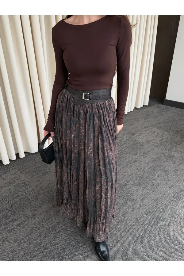 Kahverengi Beli Lastikli Kemerli Baskılı Etek - 3374