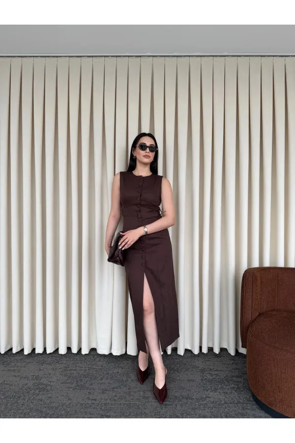 Kahverengi Düğmeli Kemerli Gabardin Elbise - 5002