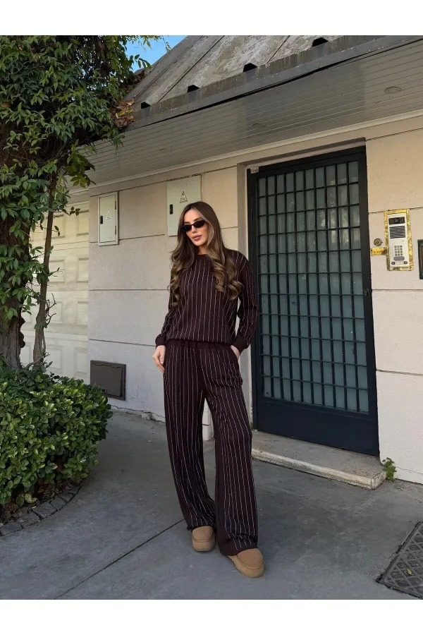Kahverengi Taşlı Bluz Pantolon Takım - 0766