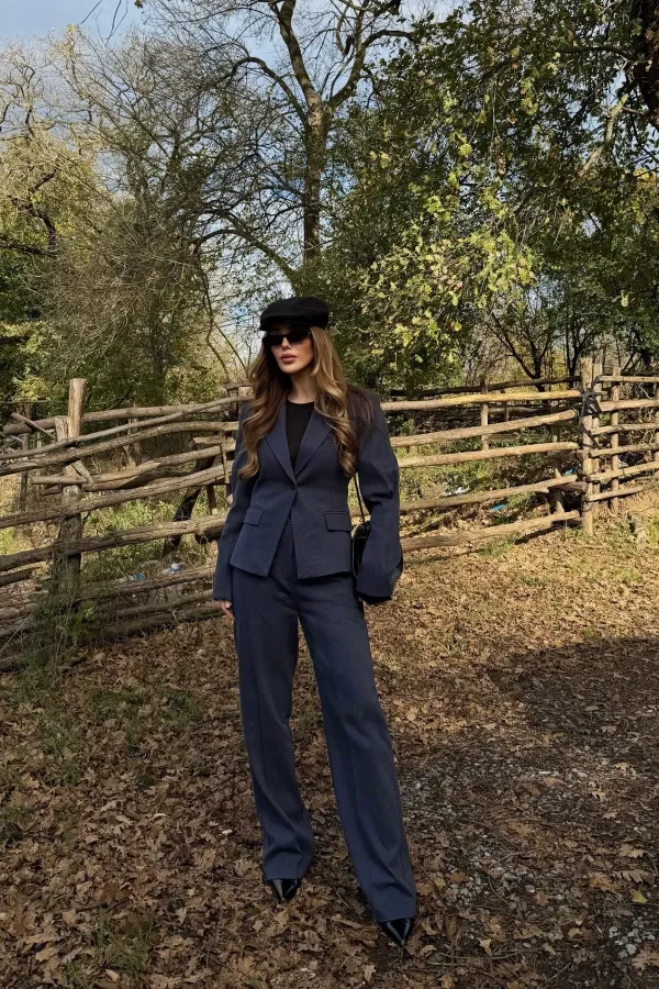 Navy Blue One-Button Jacket and Trousers Suit - 9480