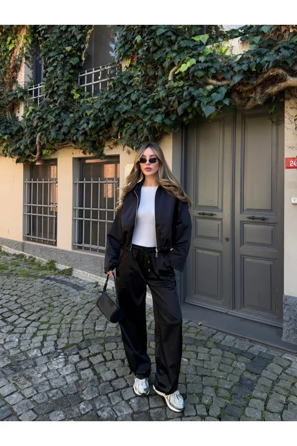 Siyah Bomber Saten Ceket Pantolon Takım - 9663 - 51229