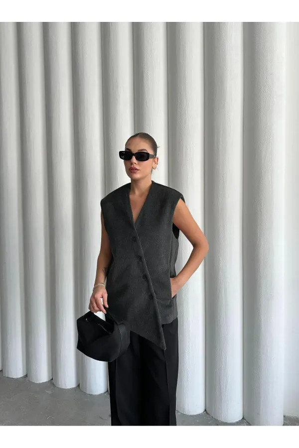 Antrasit Venedik Çapraz Düğmeli Yelek