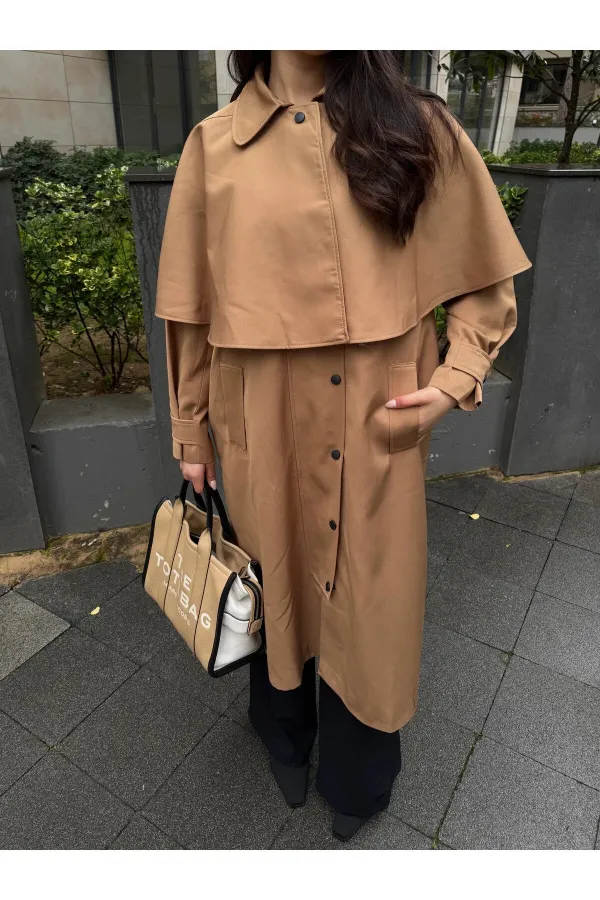 Camel Çıkarılabilir Kapüşon Detaylı Pelerinli Trençkot - 85179