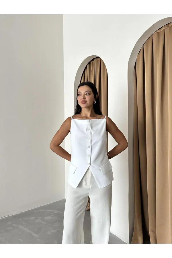 White 100% Cotton Thin Strap Vest with Pocket and Button Details White 100% Cotton Thin Strap Vest with Pocket and Button Details