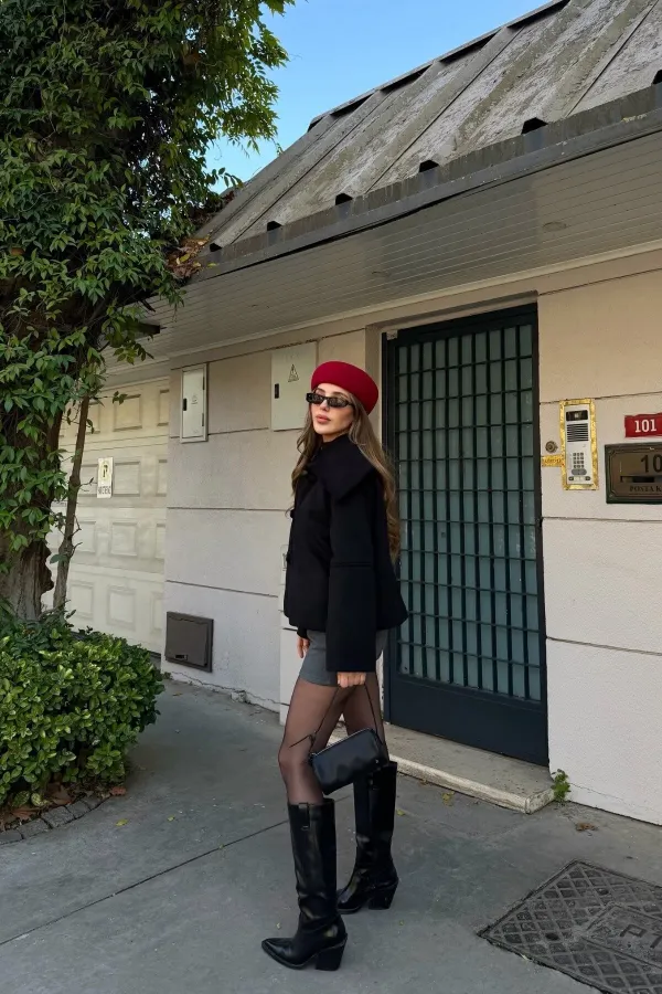 Black Short Cashmere Jacket with Button Details - 7675 Black Short Cashmere Jacket with Button Details - 7675