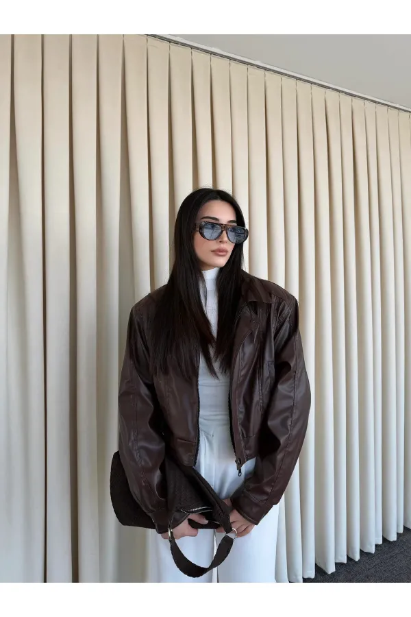 Kahverengi Fermuarlı Deri Ceket - 2617