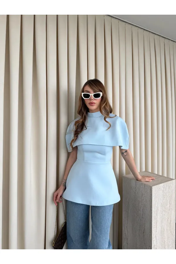 Mavi Pelerinli Straplez Bluz - 1101