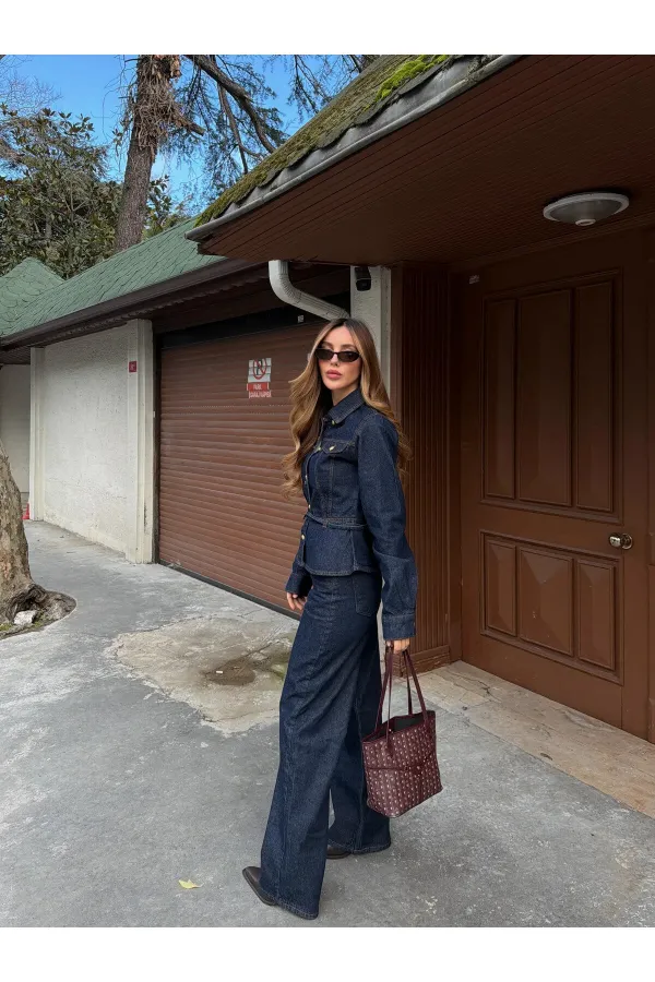 Lacivert Belden Oturtma Denim Ceket Pantolon Takım - 0838