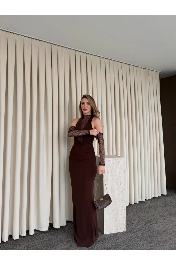 Kahverengi Degaje Yaka Dantel Eldivenli Elbise - 20117