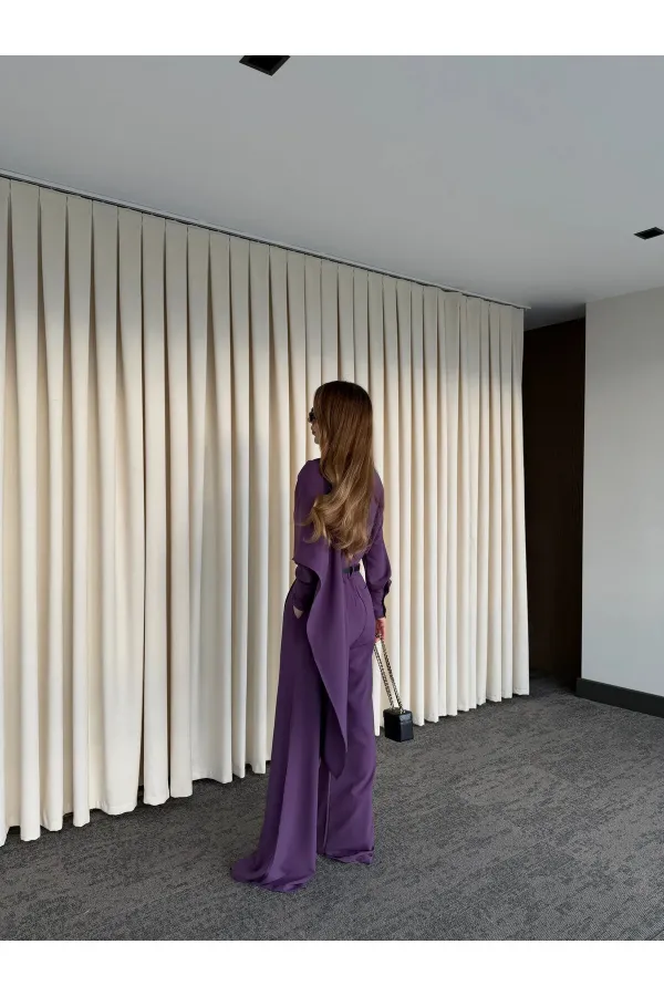 Purple Belted Shawl Collar Shirt and Trousers Set - 8004