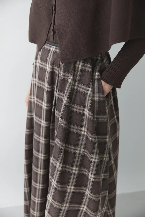 Brown Plaid Skirt with Leather Trim - 4977