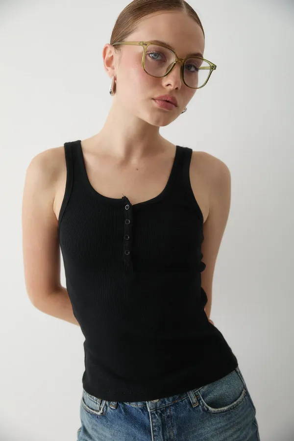 Black Front Buttoned Tank Top - 251001