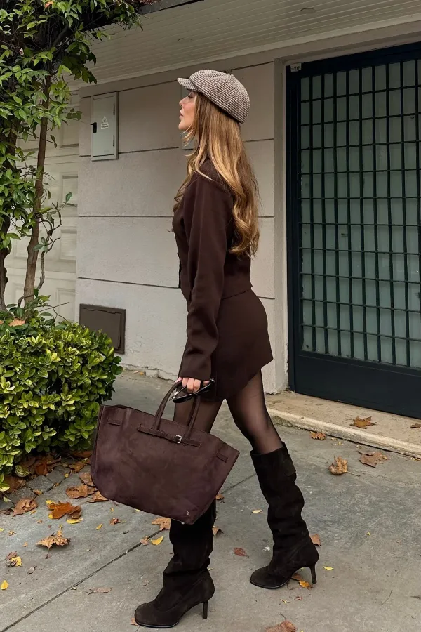 Ensemble cardigan et jupe marron ajusté -0611