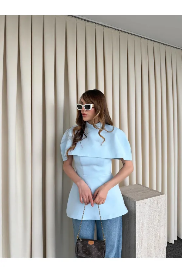 Mavi Pelerinli Straplez Bluz - 1101