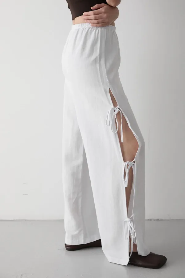 White 100% Cotton Trousers with Side Slit and Tie Detail
