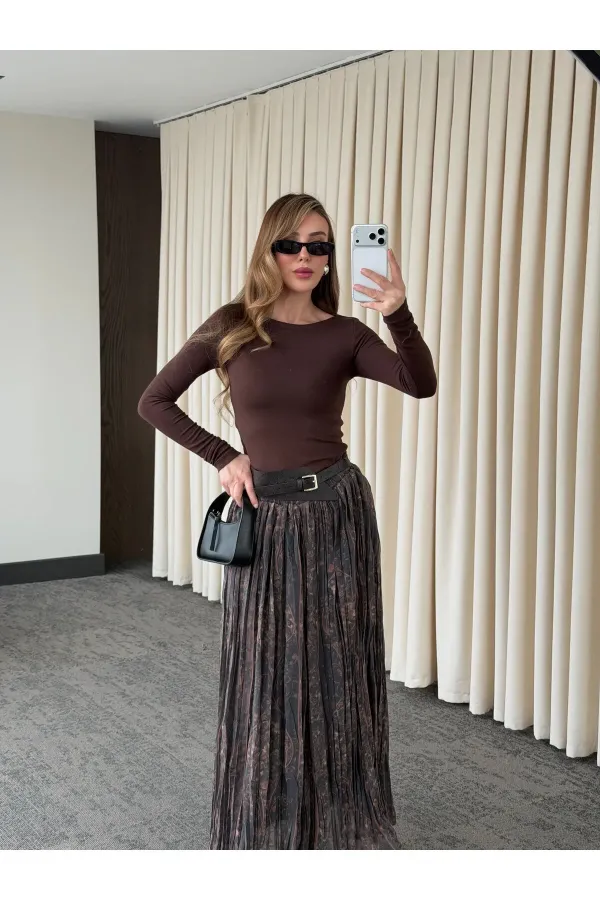 Kahverengi Beli Lastikli Kemerli Baskılı Etek - 3374