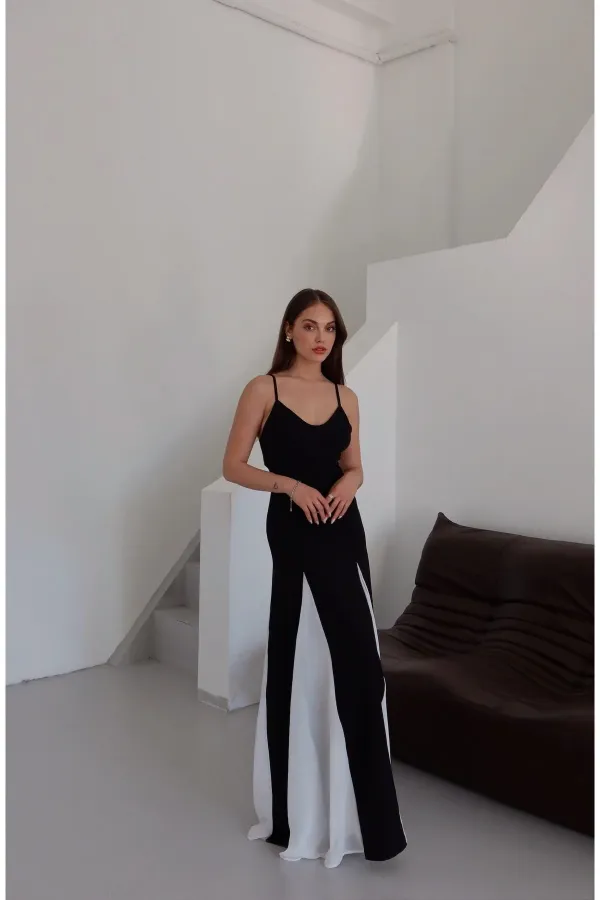 Black and White Long Dress with Adjustable Straps - 0205