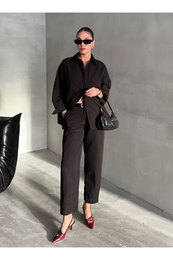 Black Merlin Belted Shirt and Trousers Set